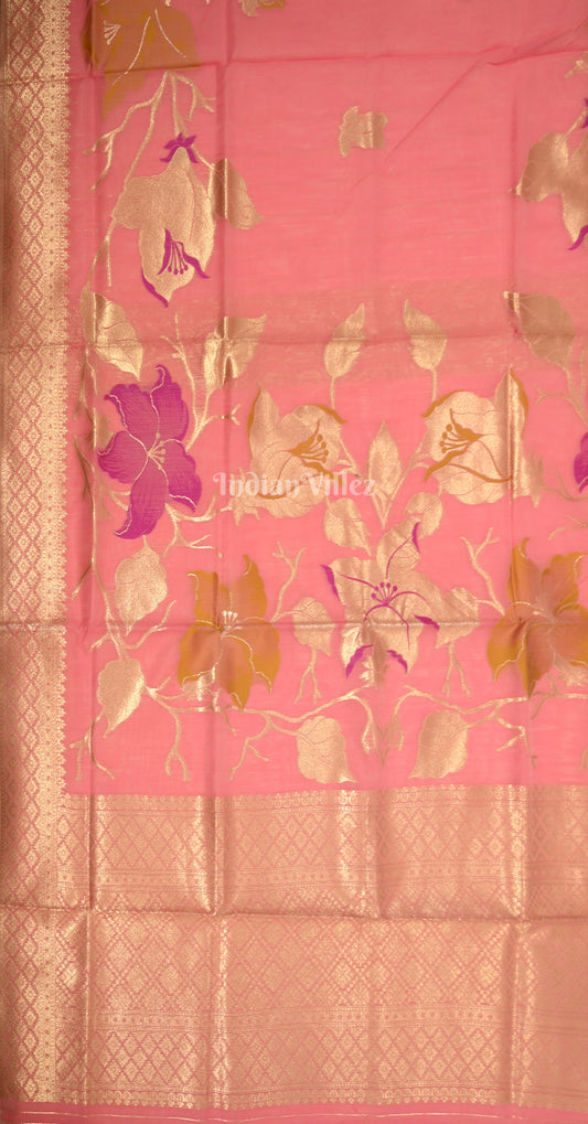 Peach Pink Floral Linen Saree