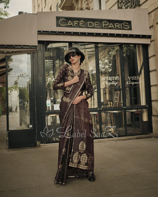 Brown Pure Satin Zari Lining Handloom Weaving Saree