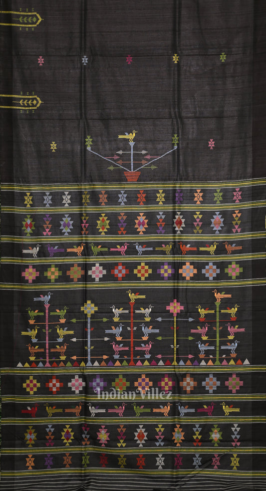 Black Tussar Silk Saree Inspired by Ganjam Bomkai Theme