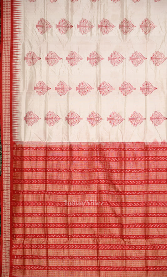 Elegant White Red Tree Motif Bomkai Sambalpuri Ikat Silk Saree