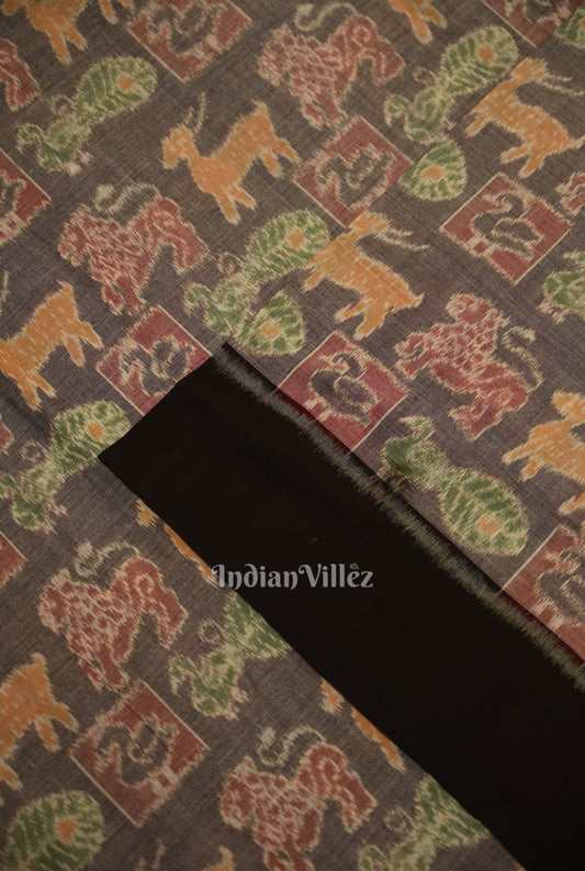 Cement Gray Jungle Theme Sambalpuri Odisha Ikat Cotton Fabric