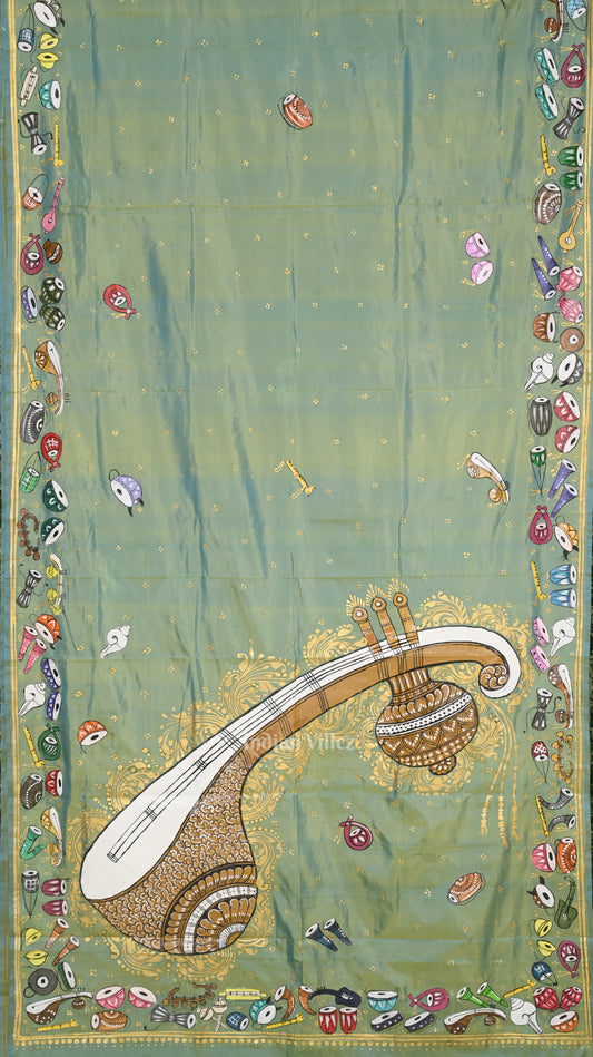 Parrot Green Dual Tone Sitar Instrument Hand-Painted Pattachitra Saree