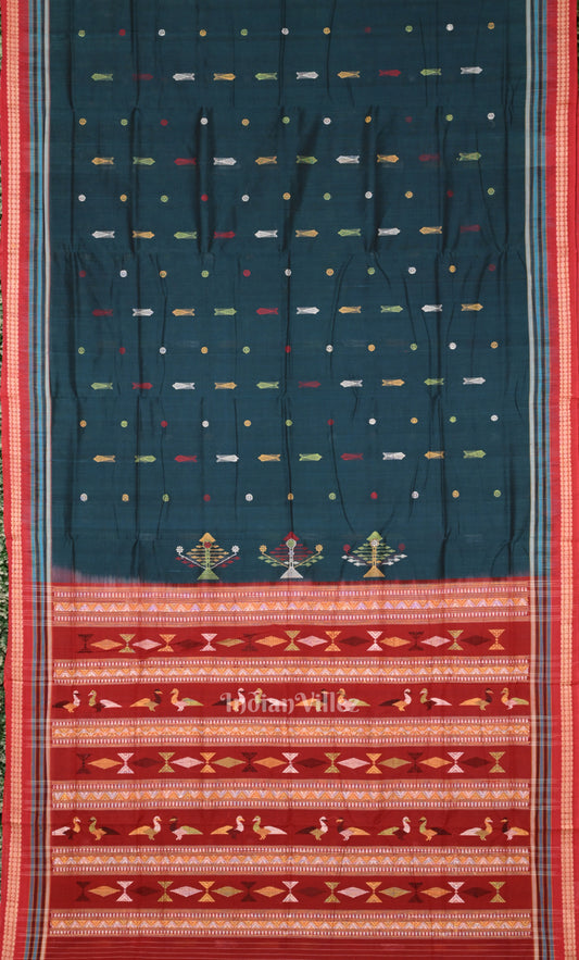 Teal Blue Fish Motif  Odisha Ikat Bomkai Cotton Saree