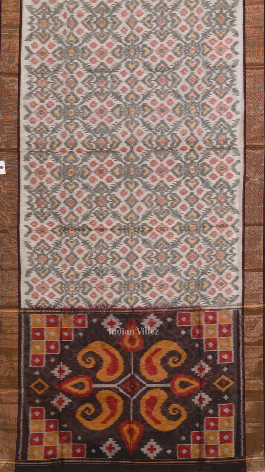 Off white Coffee Pochampally Ikat Sico (Silk & Cotton) Saree with Zari Border