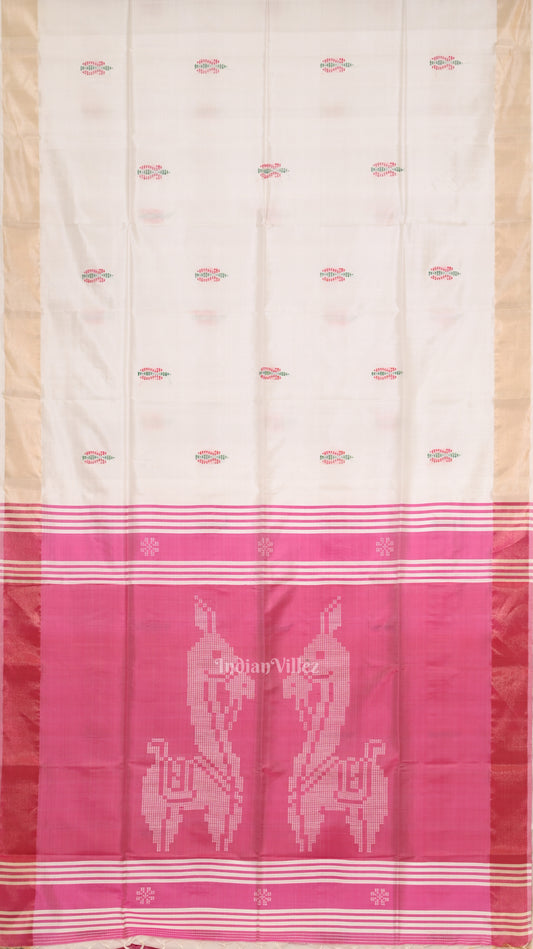 White Pink Pure Bishnupuri Silk Saree
