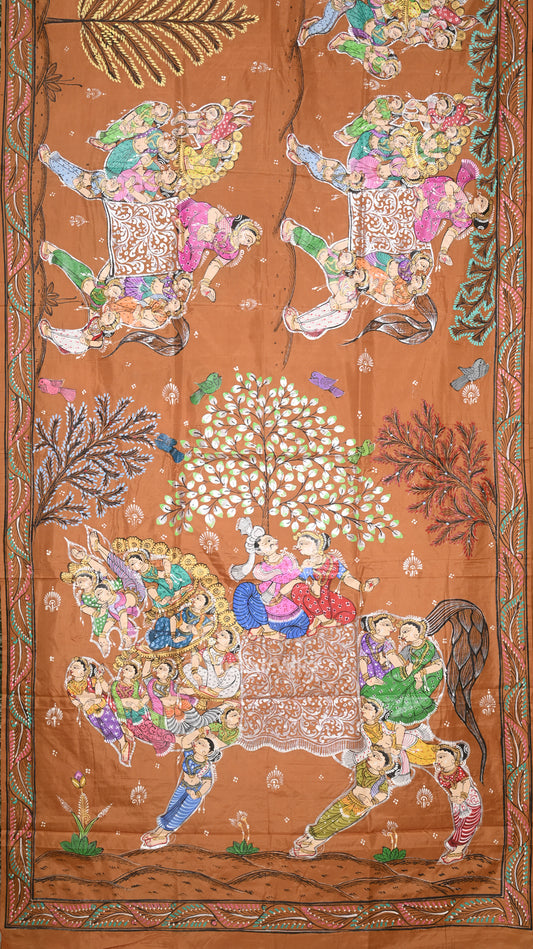 Metallic Bronze Kandarpa Ashwa Hand-Painted Pattachitra Saree