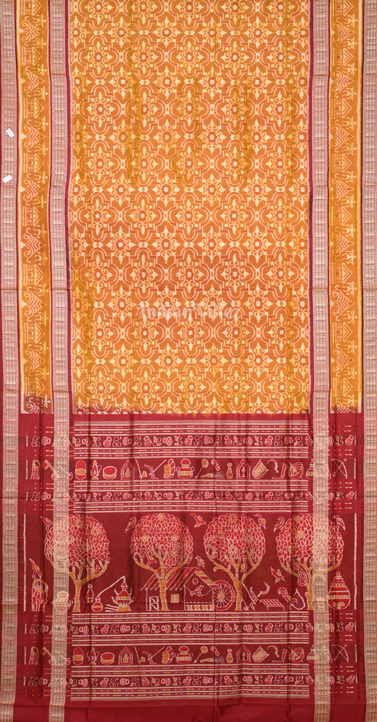 Mustard Yellow Maroon Odisha Ikat Sambalpuri Silk Saree with Tribal Anchal