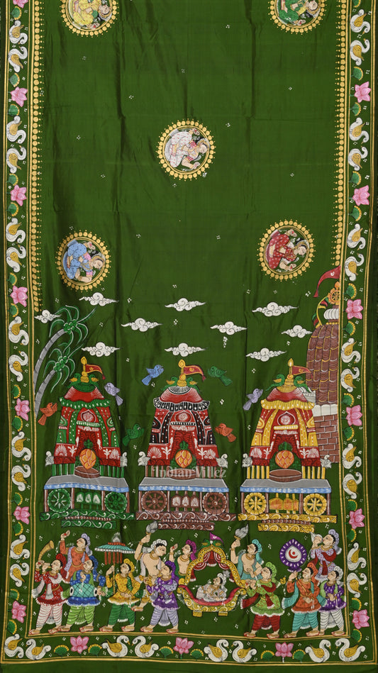 Mehendi Green Shree Jagannath Ratha Yatra Hand-Painted Pattachitra Saree