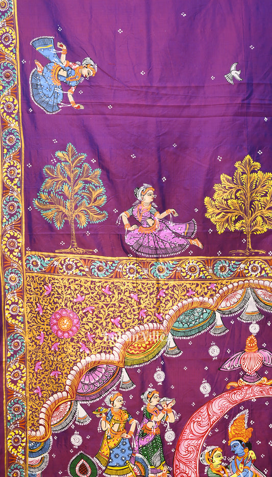 Purple Dual Tone Ardha Chandra Krishna Rasa Leela Hand-Painted Pattachitra Saree(Pre-Order)