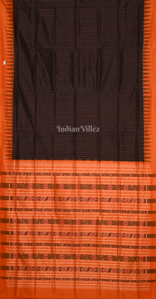 Red Orange Check Odisha Ikat Bomkai Sambalpuri Silk Saree