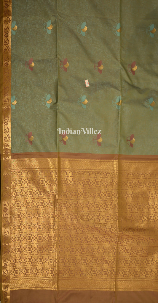 Olive Green Rust Orange Kanjivaram Silk Saree