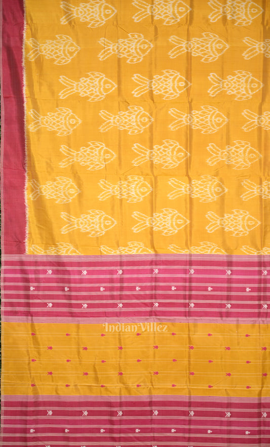 Yellow Magenta Pink Fish Motif Odisha Ikat Contemporary Designer Saree