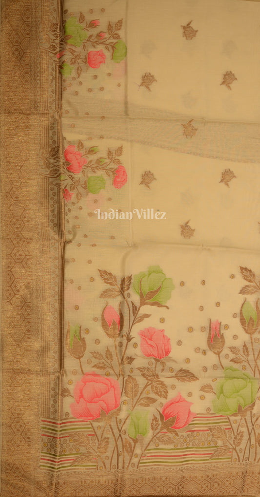 Beige with Multi Color Floral Linen Saree