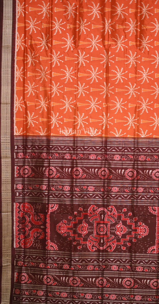 Rust Orange Coffee Coconut Tree Motif Odisha Ikat Sambalpuri Silk Saree