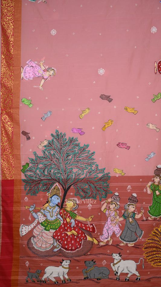 Baby Pink Krishna Raasleela Theme Hand-Painted Pattachitra Saree