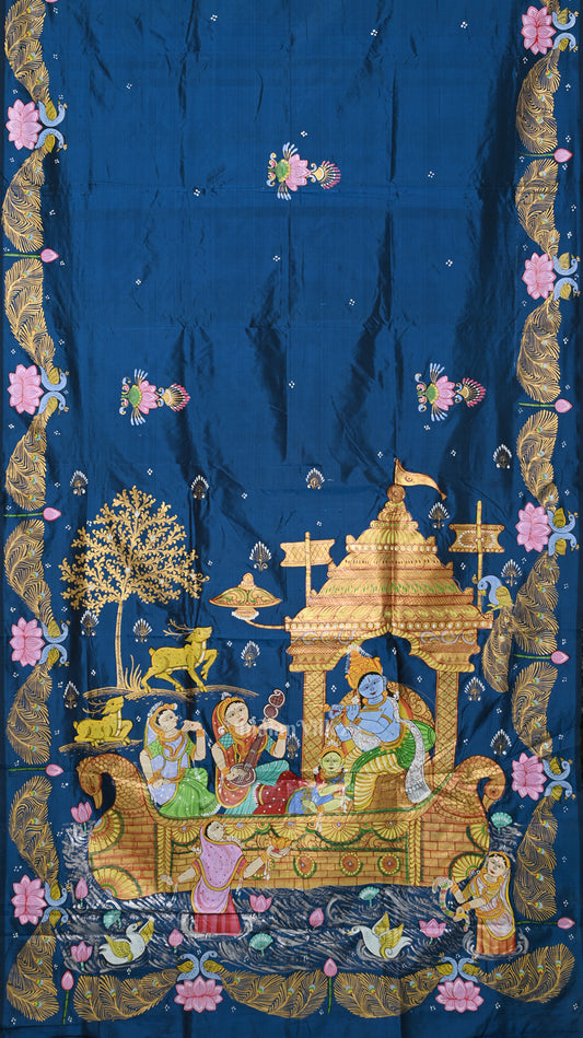 Blue Krishna Boita Theme Hand-Painted Pattachitra Saree
