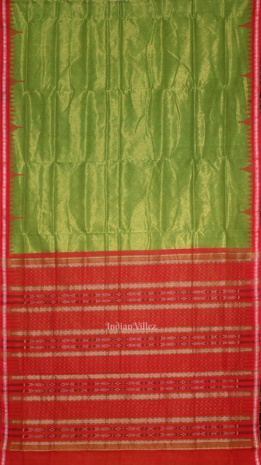 Parrot Green Red Phoda Kumbha Sambalpuri Cotton Tissue Saree