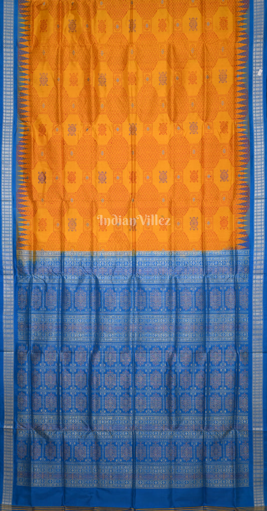 Orange Blue Tribal Design Odisha Ikat Bomkai Sambalpuri Silk Saree