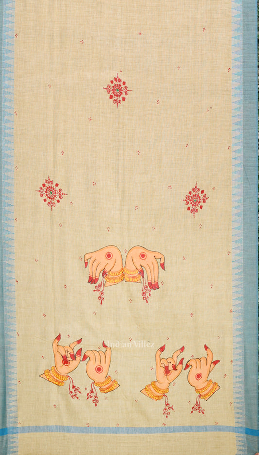 Cream Blue Mudra Theme Hand-Painted Tussar Pattachitra Dupatta