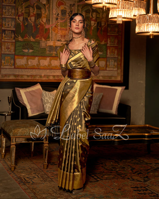 Mehndi Green Zari Base Tissue Banarasi Handloom Saree