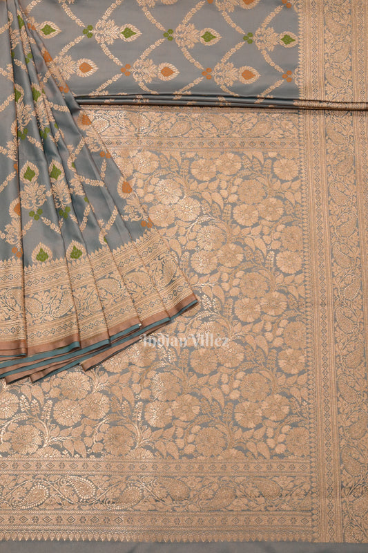 Light Blue Peach Dual Tone Meenakari Pure Mashru Satin Silk Banarasi Saree