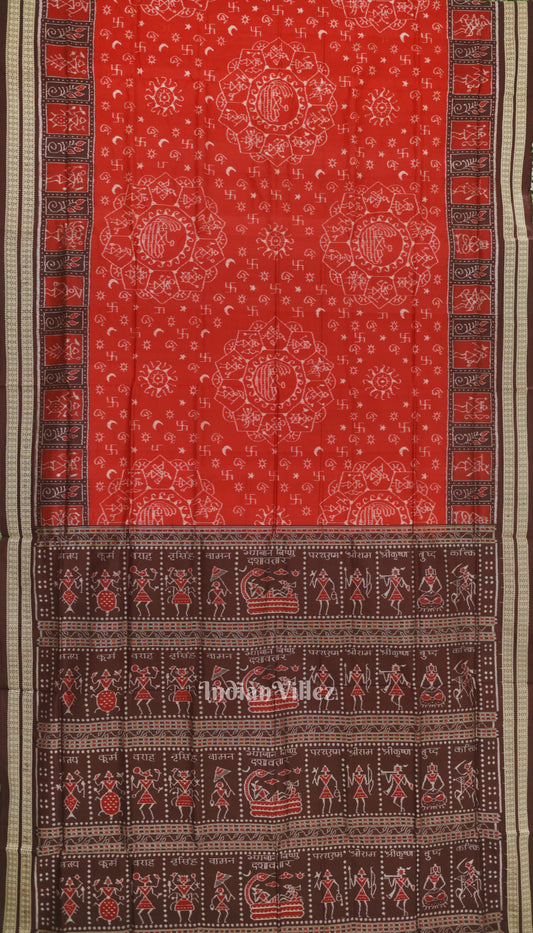 Red Odisha State Award Winning Dasaabatar Theme Sambalpuri Silk Saree