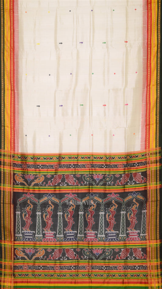 White Green Kathiphera Khandua Silk Saree with Odissi Dancer Pallu