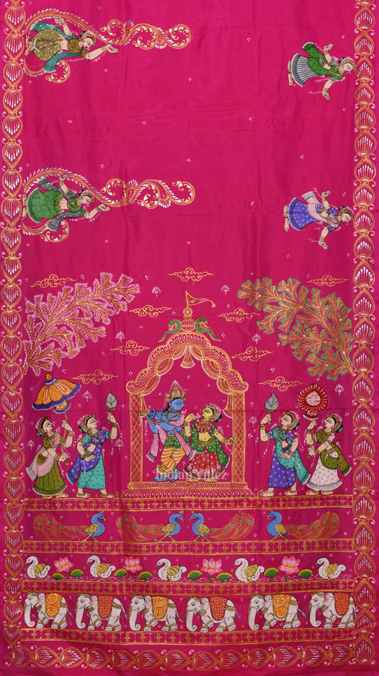 || राधा कृष्ण || Rani Pink Krishna Rasa Leela Hand-Painted Pattachitra Saree