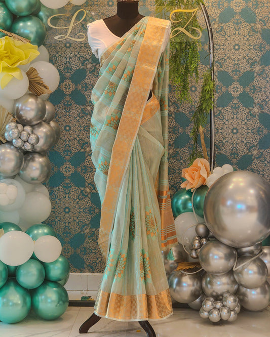 Sky Yellow Floral Linen Tissue Saree with Sequence Work