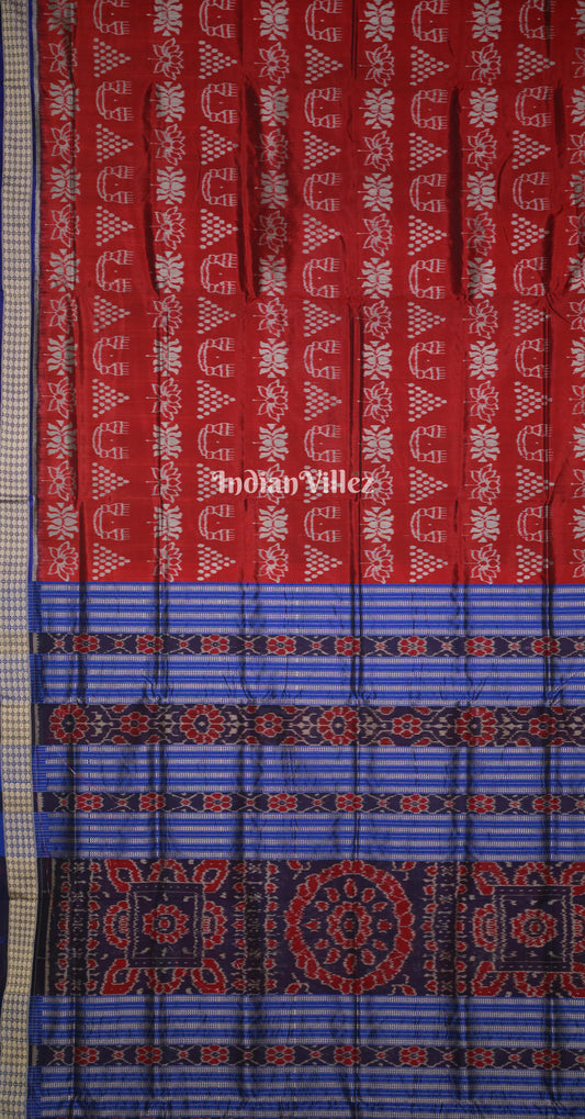 Maroon Blue Laxmi Jhoti Theme Odisha Ikat Sambalpuri Silk Saree