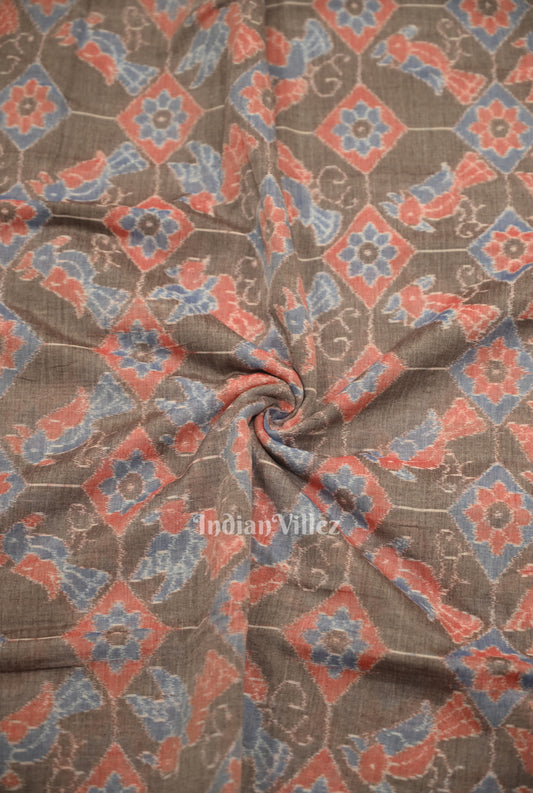 Gray Floral Bird Theme Sambalpuri Odisha Ikat Cotton Fabric