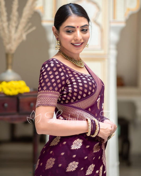 Purple Handwoven Georgette Banarasi Saree