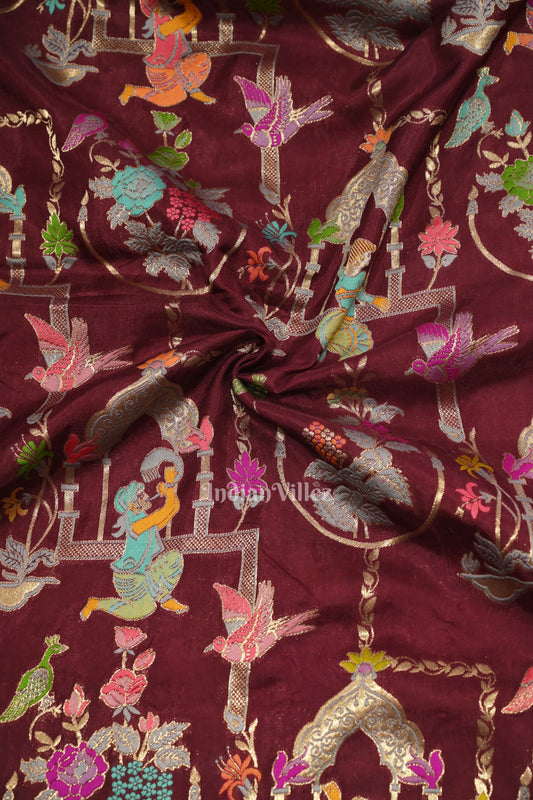 Wine Purple Tussar Georgette Banarasi Saree with Tassels