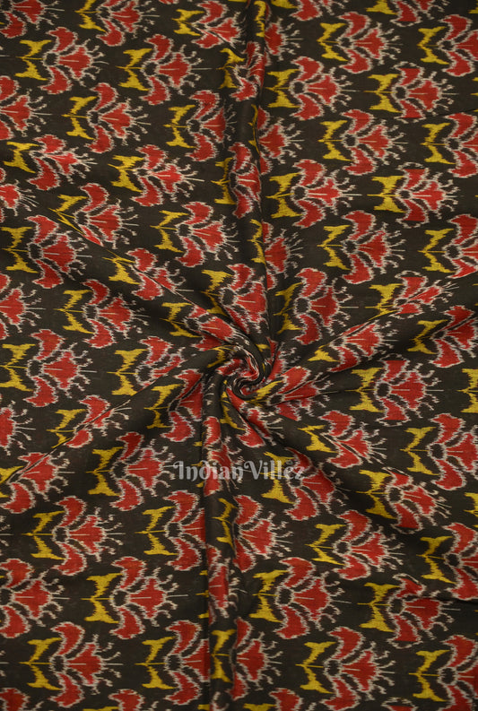 Black Floral Motif Sambalpuri Ikat Cotton Fabric