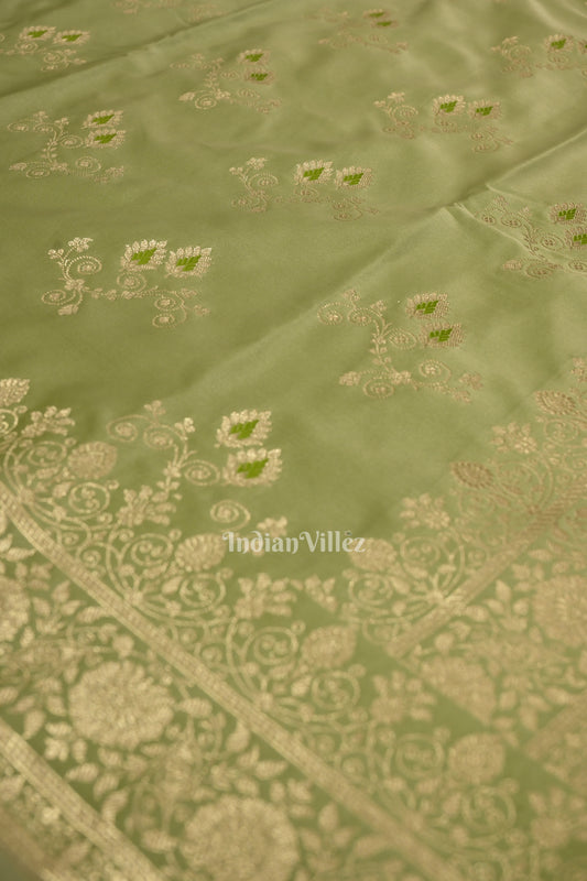Exclusive Bridal Light Olive Green Mashru Satin Silk Banarasi Saree