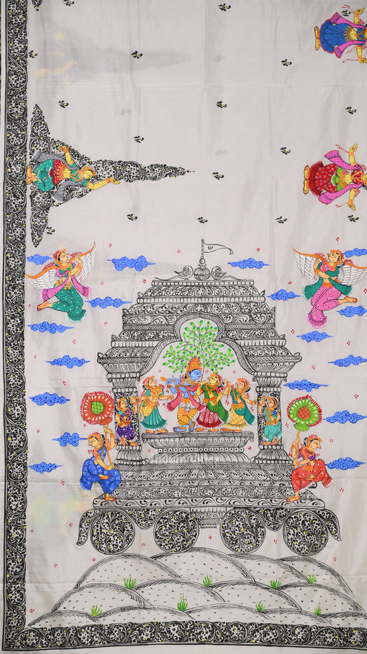 White Radha Krisha Hand-Painted Pattachitra Saree