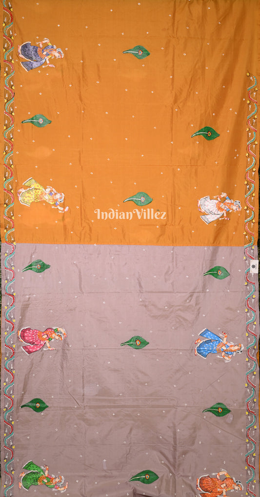 Mauve Pink Orange (Mayur) & Nartaki Theme Dual Tone Hand-Painted Pattachitra Saree