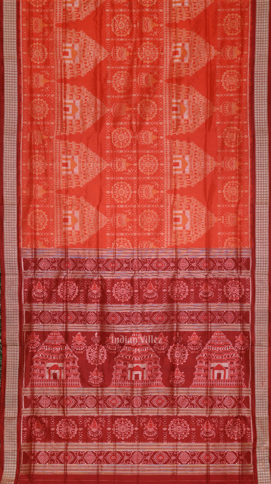 Orange Red Konark Theme Odisha Ikat Sambalpuri Silk Saree