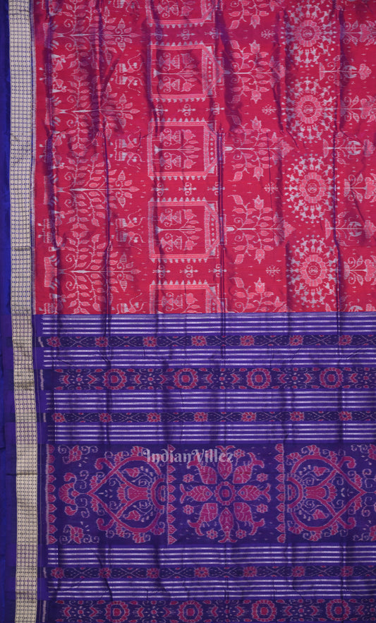 Magenta Pink Blue Tribal Theme Odisha Ikat Sambalpuri Silk Saree