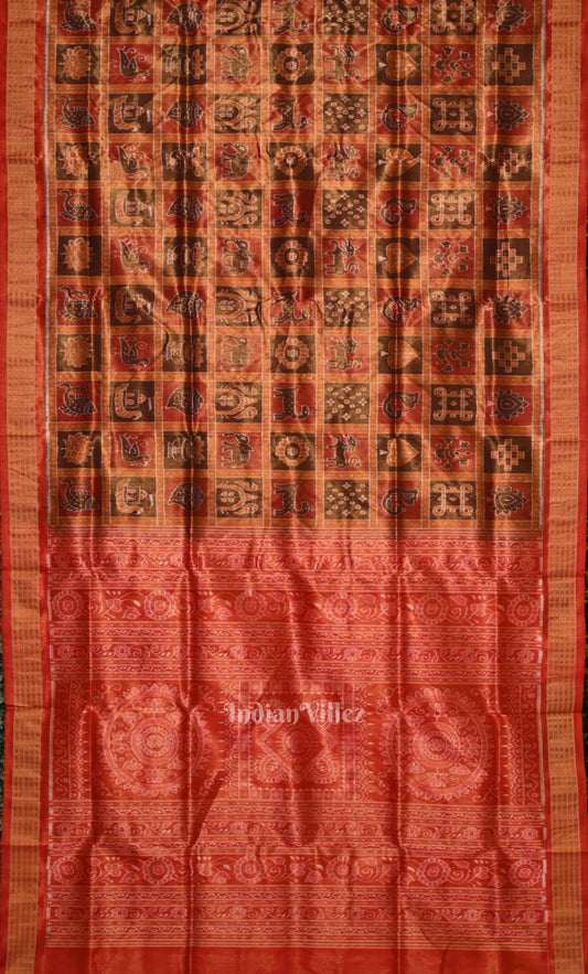Rust Orange Red Nabakothi Odisha Ikat Sambalpuri Tissue Silk Saree