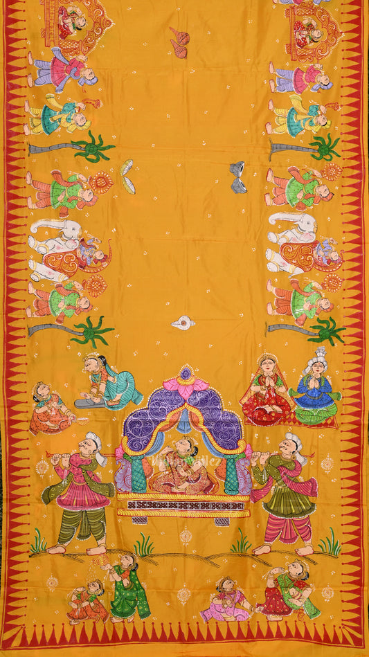 Yellow Doli Barat Theme Hand-Painted Patatchitra Saree