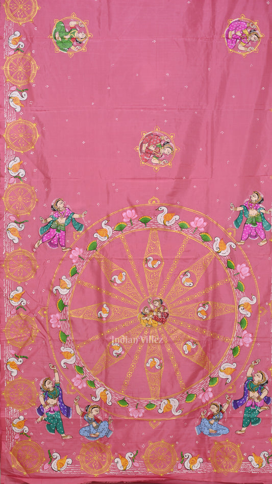Baby Pink Konark Chakra & Dancer Theme Hand-Painted Pattachitra Saree