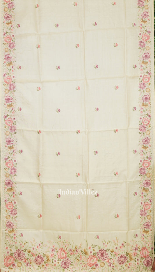 White Tussar Floral Motif Hand Embroidered Saree