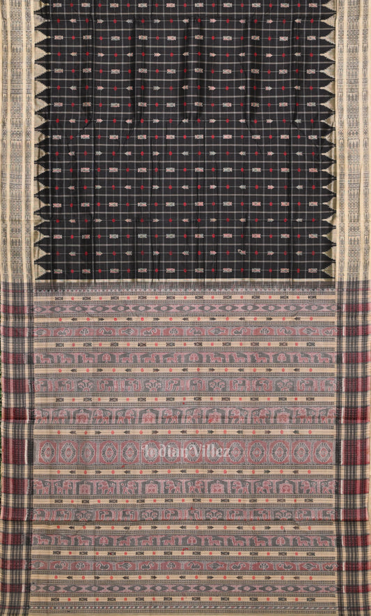 Black Hazar Buti Bomkai Tussar Silk Saree with Sarabandha Anchal