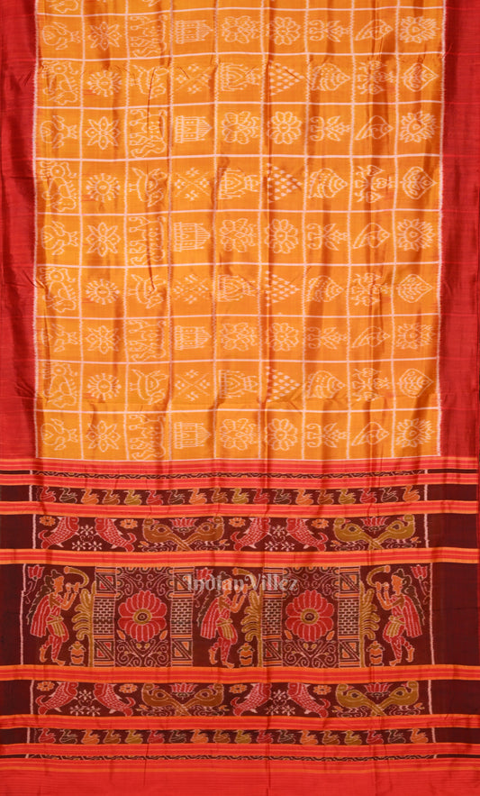 Mustard Yellow Red Nabakothi Odisha Ikat Contemporary Designer Silk Saree