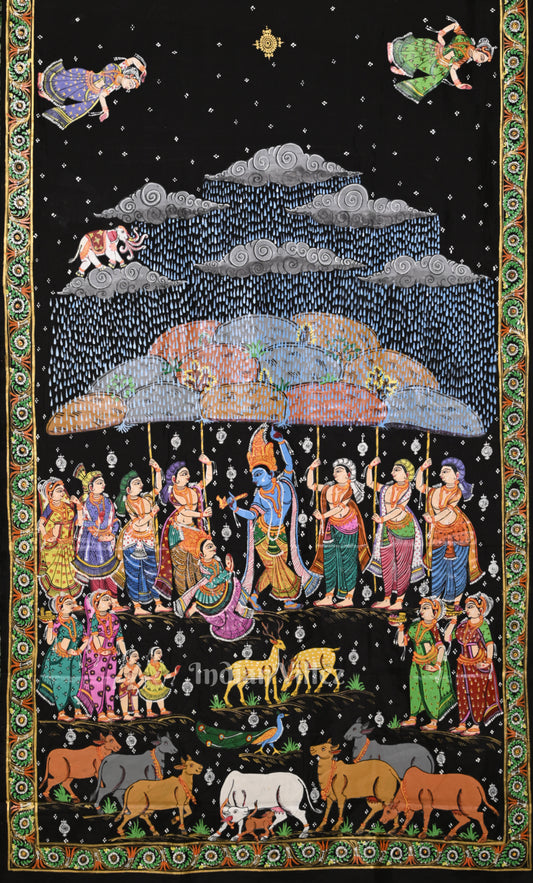 Black Giri Govardhan Hand-Painted Pattachitra Saree