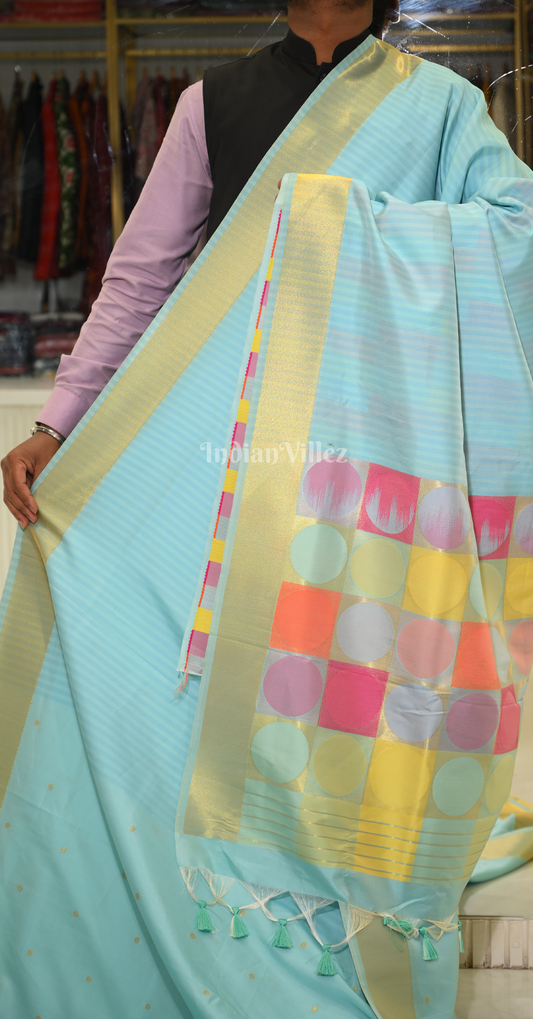 Aqua Blue Multicoloured Soft Silk Weaving Saree