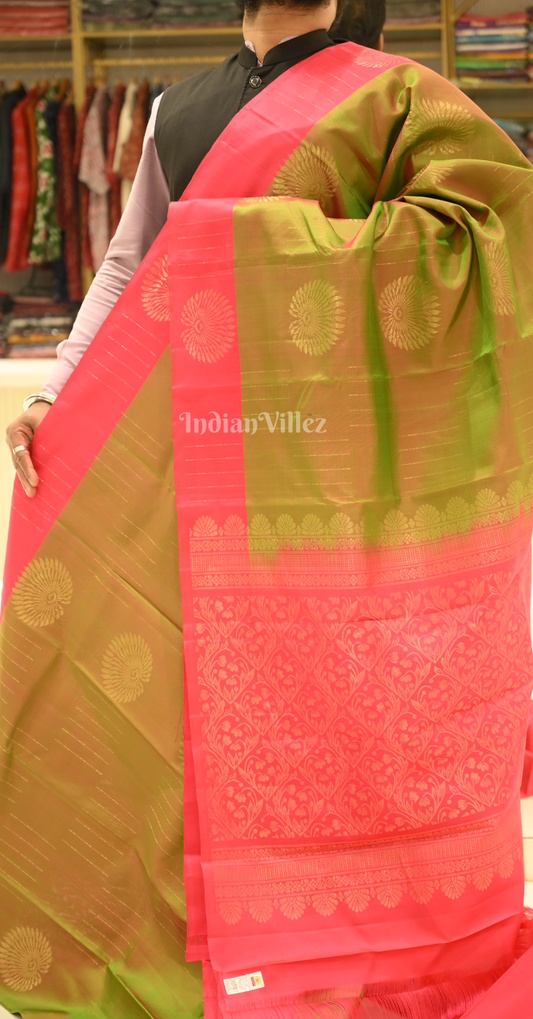 Mehendi Green Rani Pink Floral Zari Pure Kanjivaram Soft Silk Saree