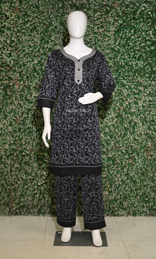 Black Silver Floral Motif Cotton Kurti Set with Pallazo (Co-Ords Set)