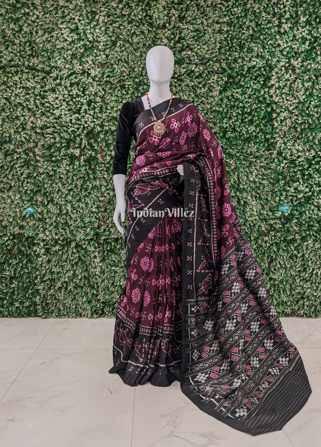 Wine Color Swastika & Flower Border Paspali Contemporary Silk Saree